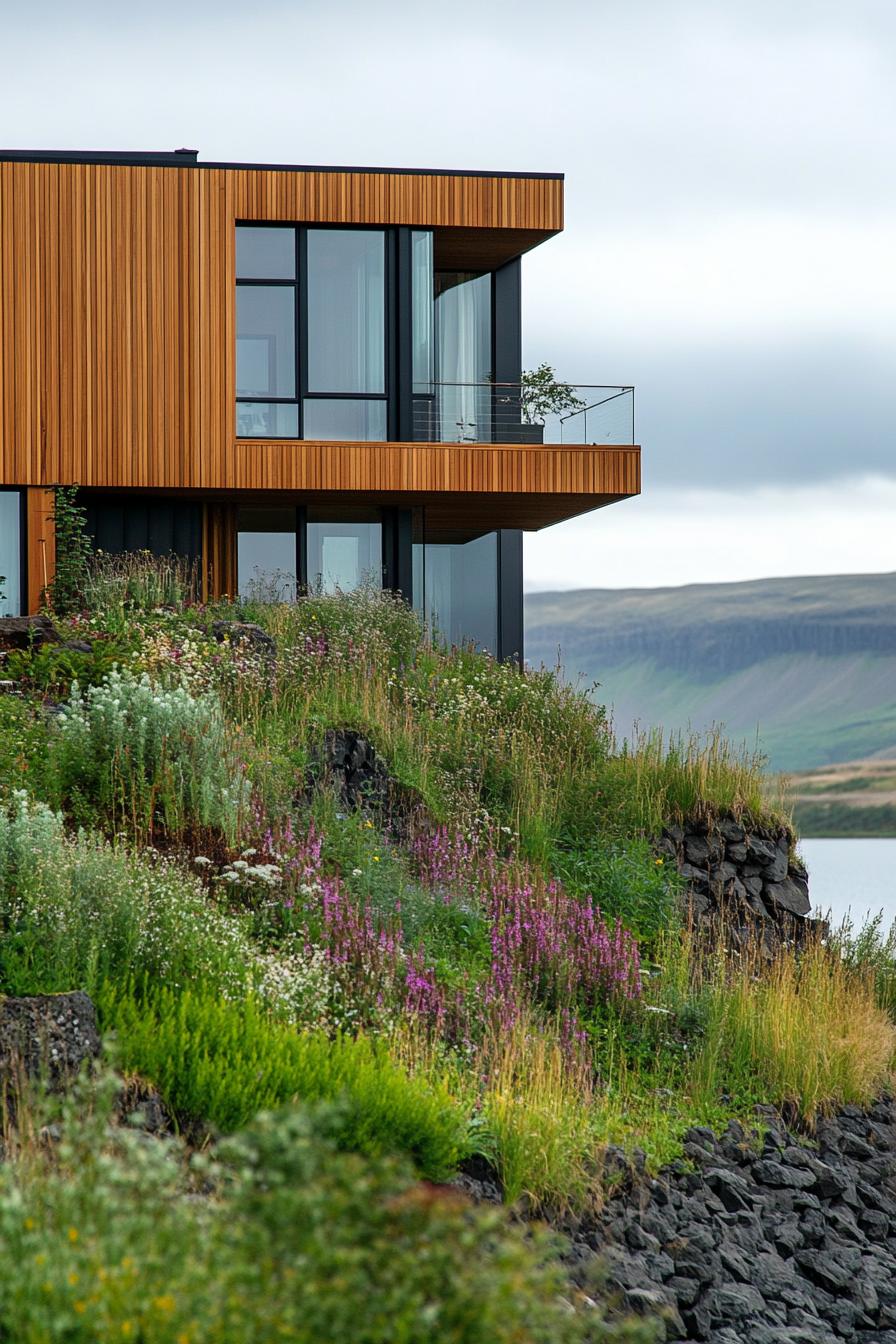 modern house with timber cladding and vertical wall gardens on a steep hill overlooking an Icelandic lake 3