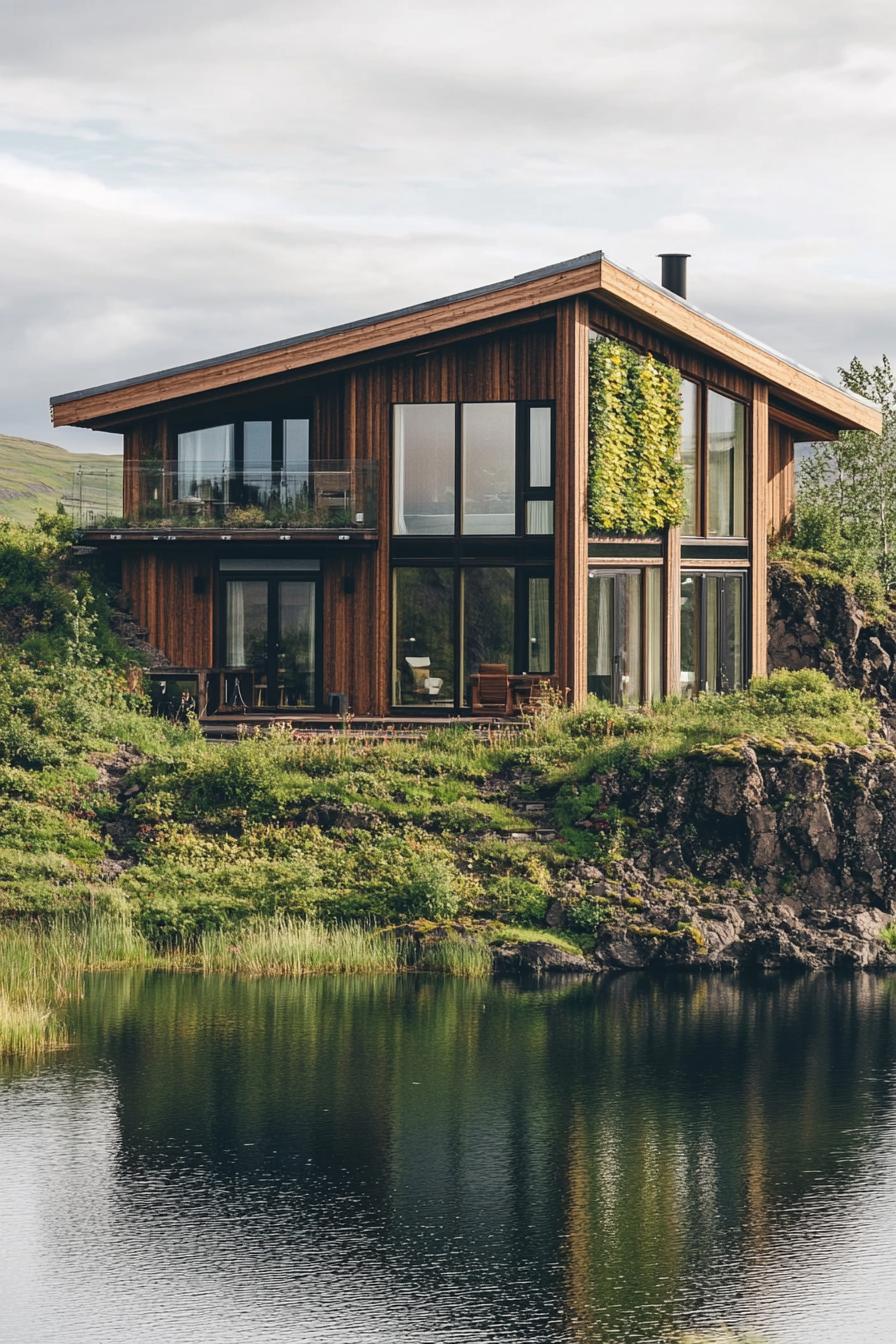 modern house with timber cladding and vertical wall gardens on a steep hill overlooking an Icelandic lake