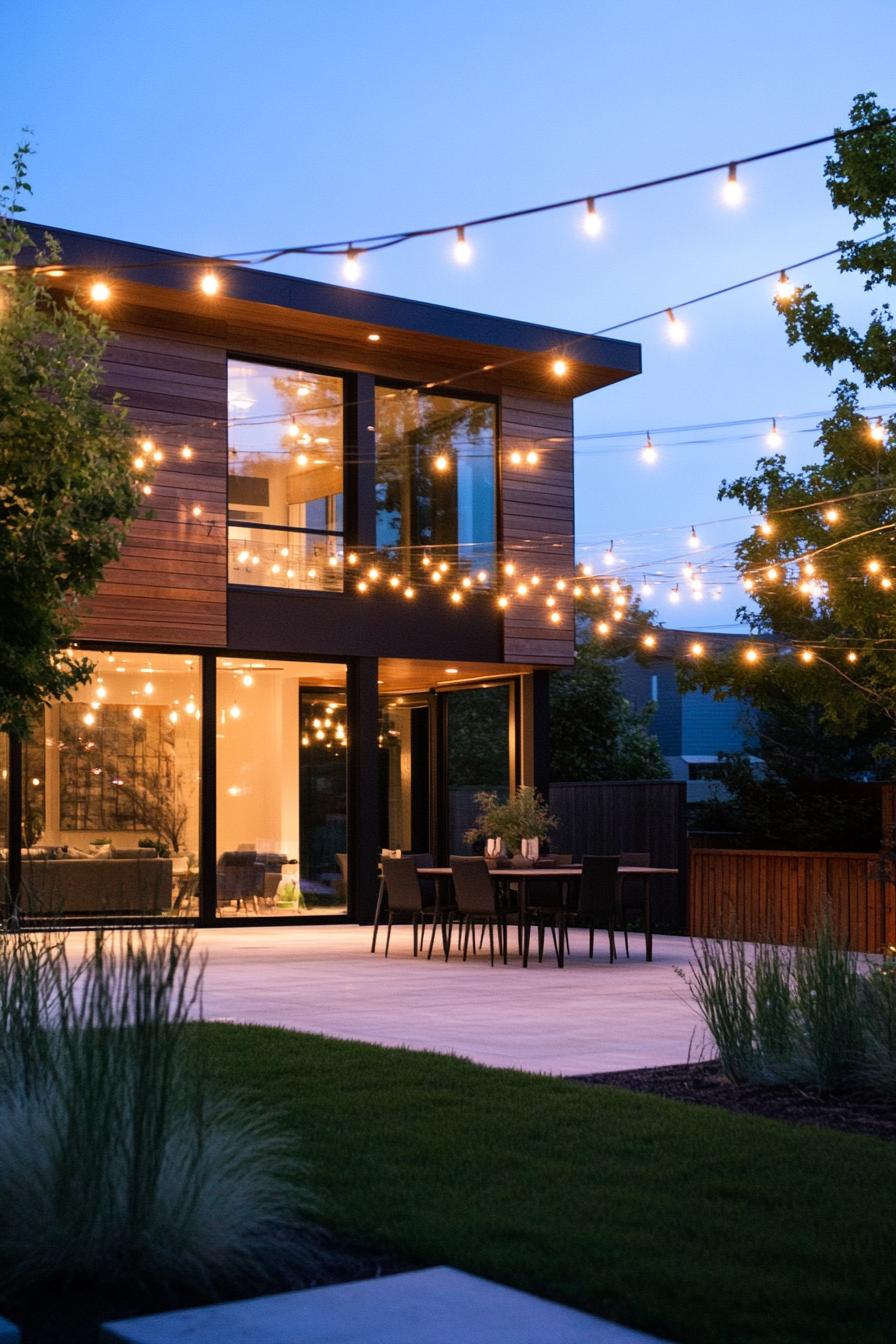 modern house yard with string LED lighting