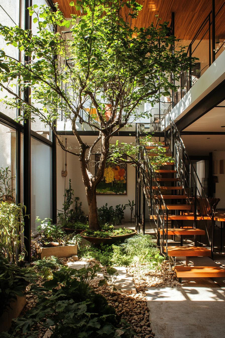 modern industrial house indoor atrium with a tree and garden 1