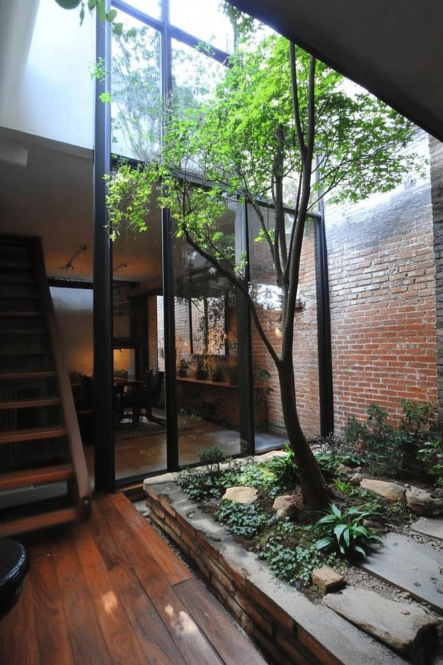 modern industrial house indoor atrium with a tree and garden 2