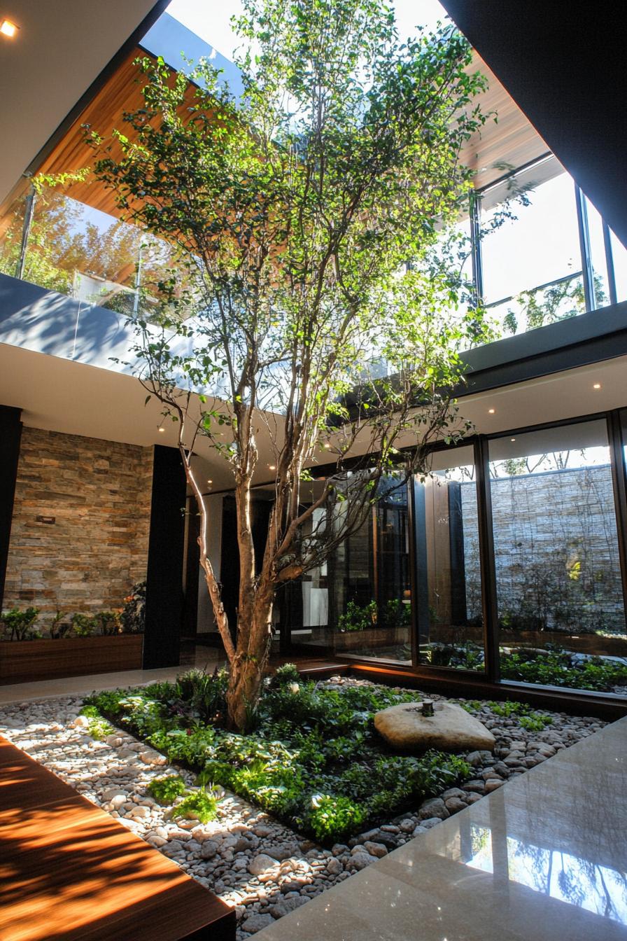 modern industrial house indoor atrium with a tree and garden 3