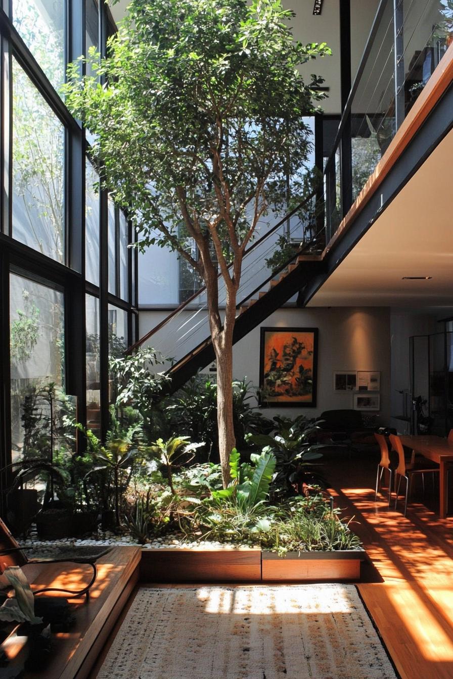 modern industrial house indoor atrium with a tree and garden