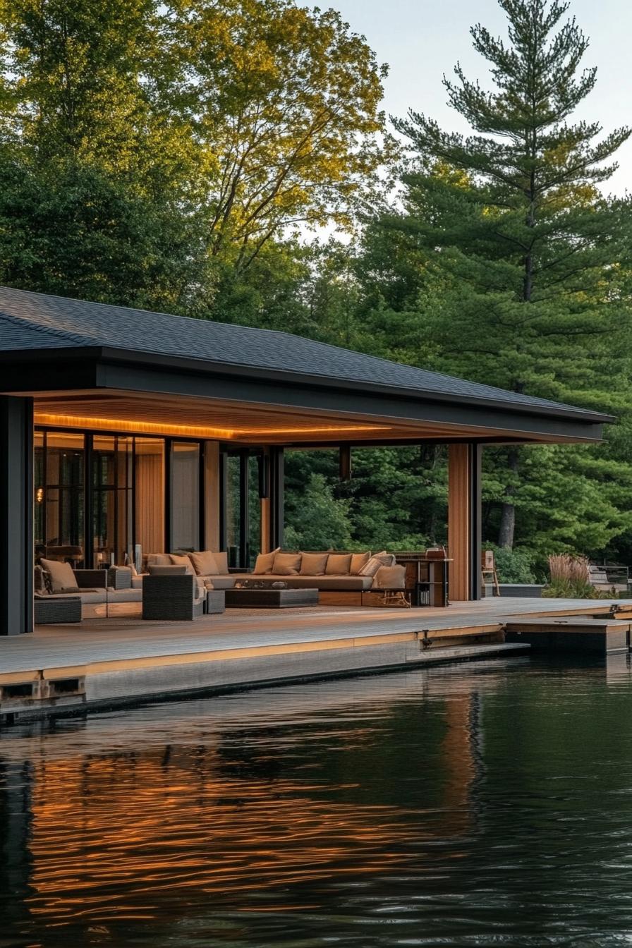 modern lake boathouse with multiple outdoor seating areas 1