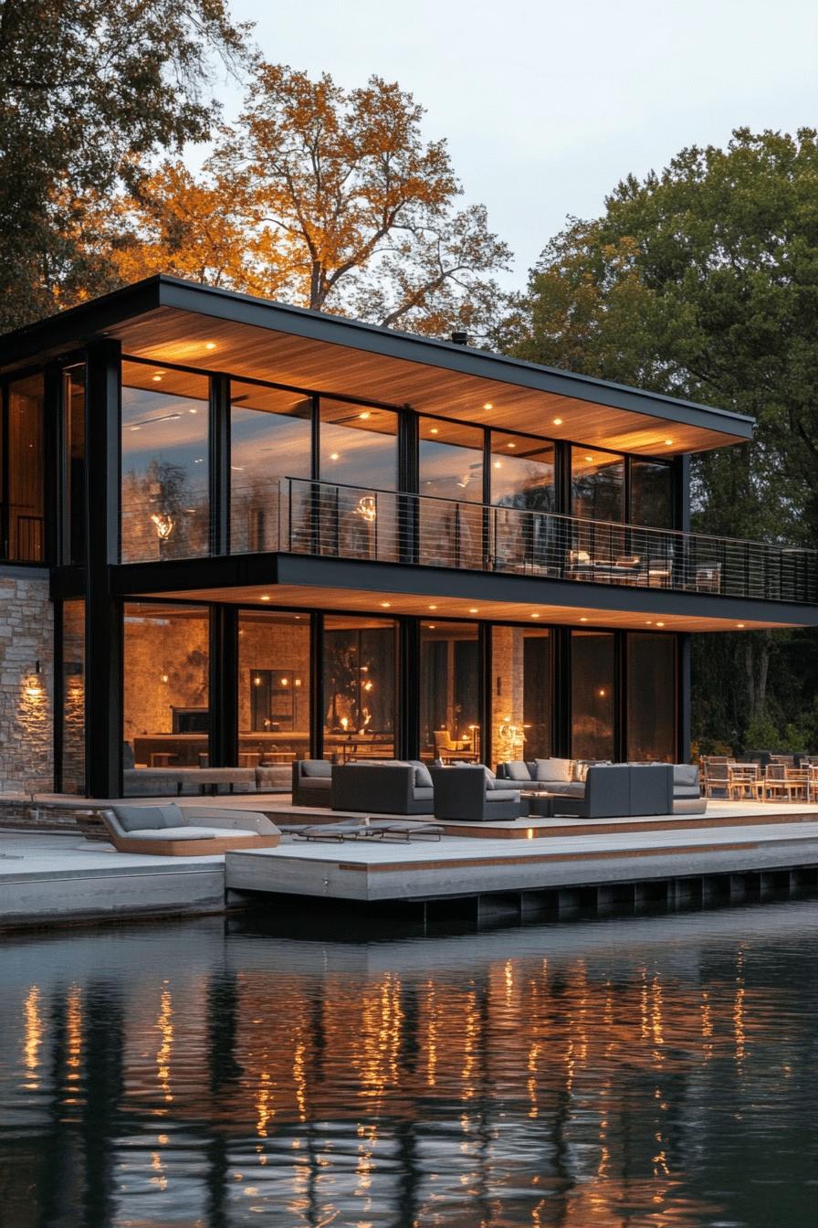 modern lake boathouse with multiple outdoor seating areas 2