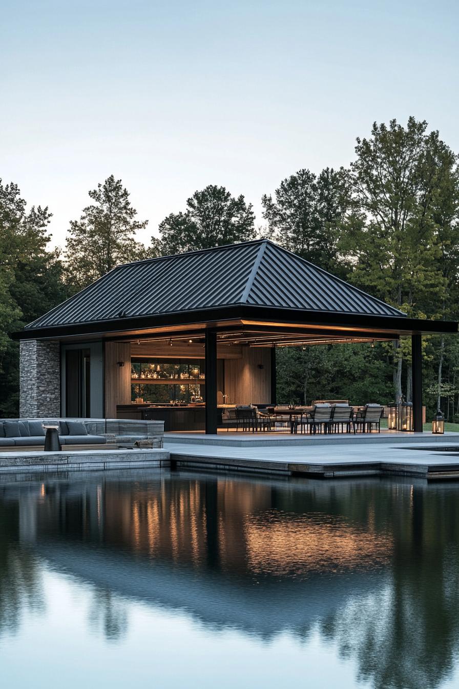 modern lake boathouse with multiple outdoor seating areas 3