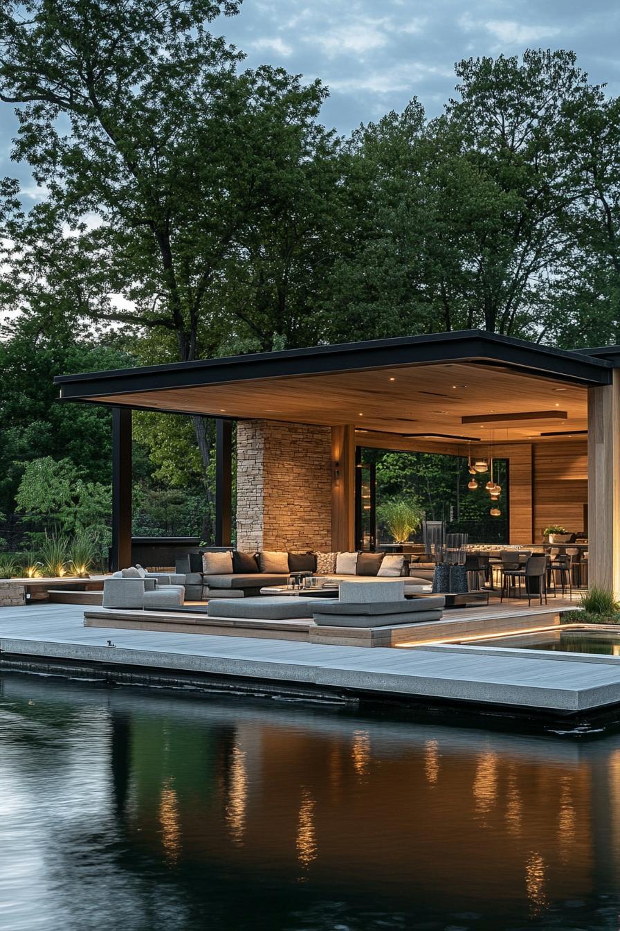 modern lake boathouse with multiple outdoor seating areas