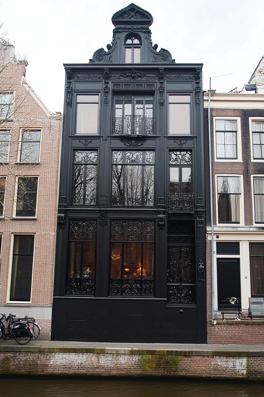 modern luxury dark canal house with dark ironwork facade 1