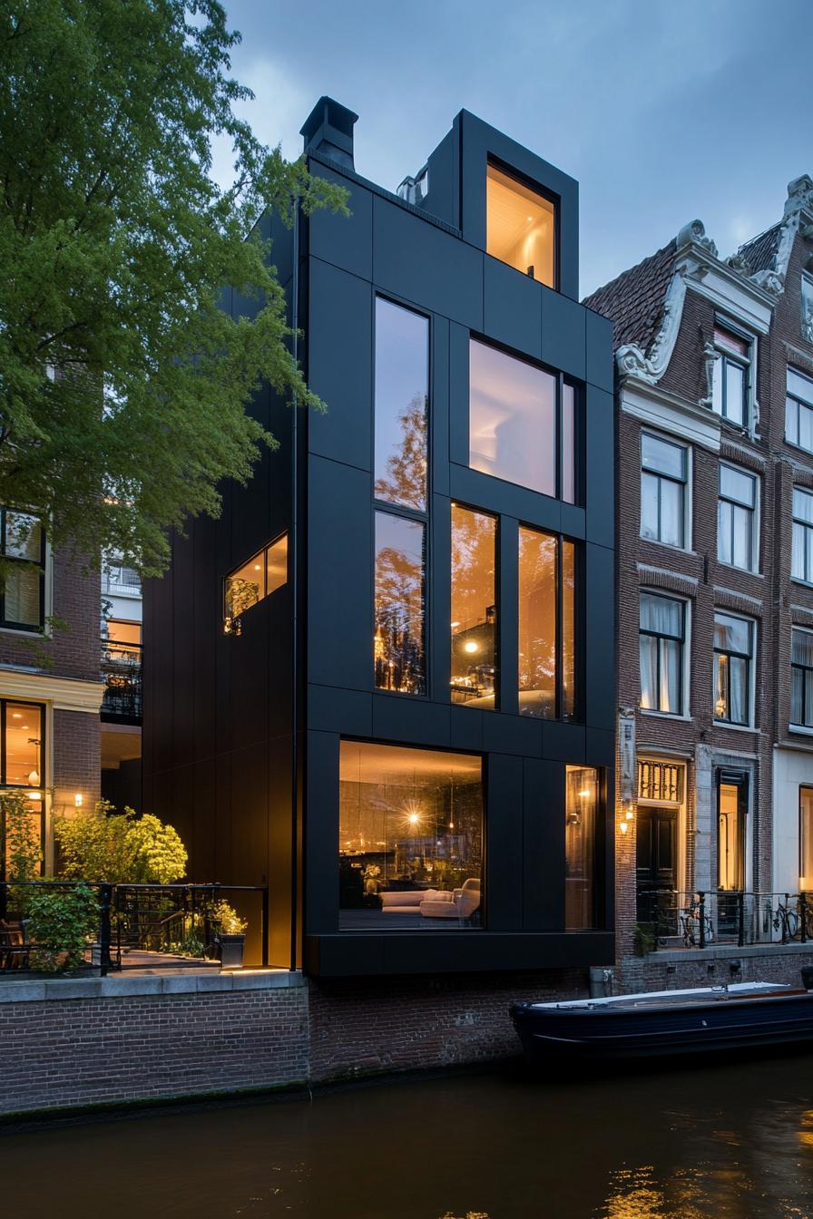 modern luxury dark canal house with dark ironwork facade 2