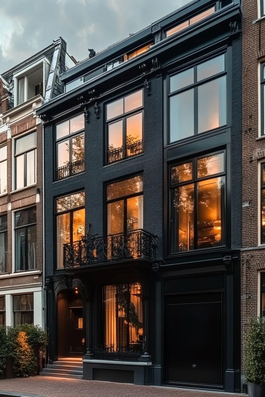 modern luxury dark canal house with dark ironwork facade 3