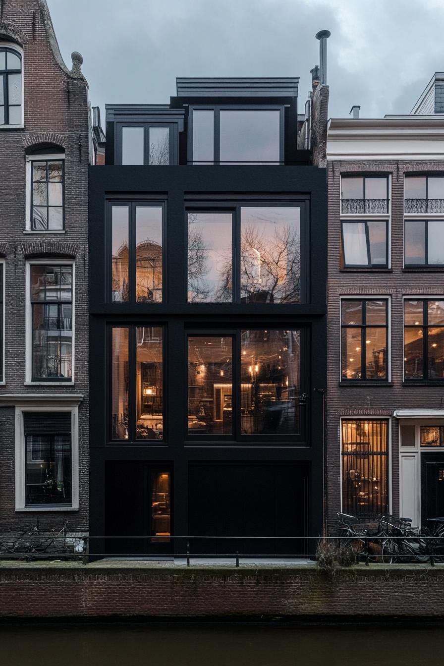 modern luxury dark canal house with dark ironwork facade