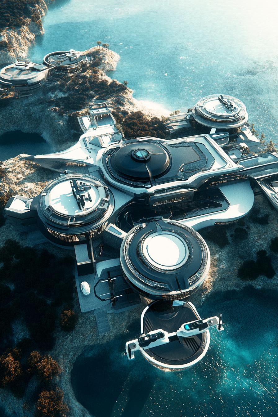 modern luxury futuristic giant mansion complex with drone docks view from near above 1