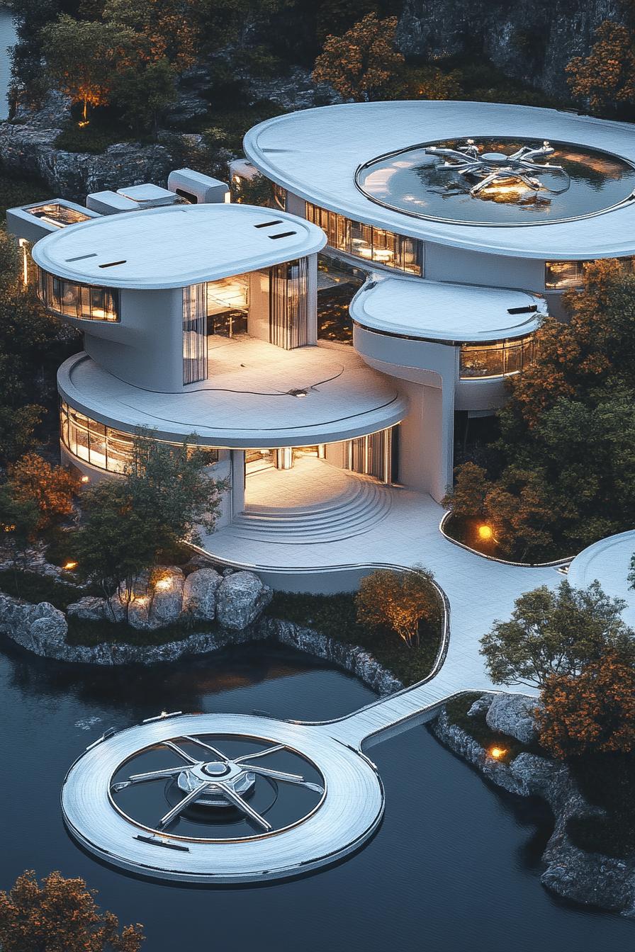 modern luxury futuristic giant mansion complex with drone docks view from near above 2