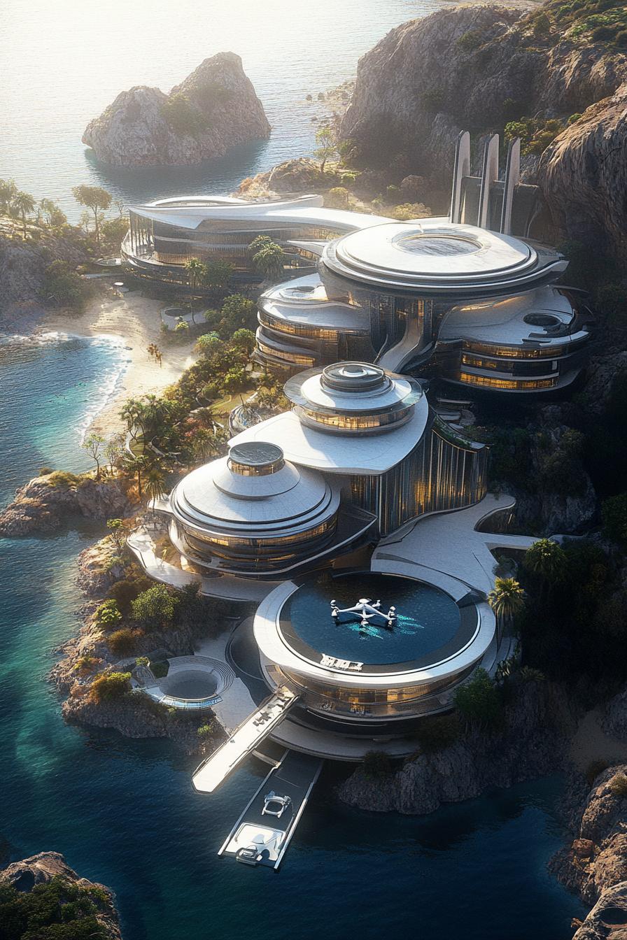 modern luxury futuristic giant mansion complex with drone docks view from near above 3