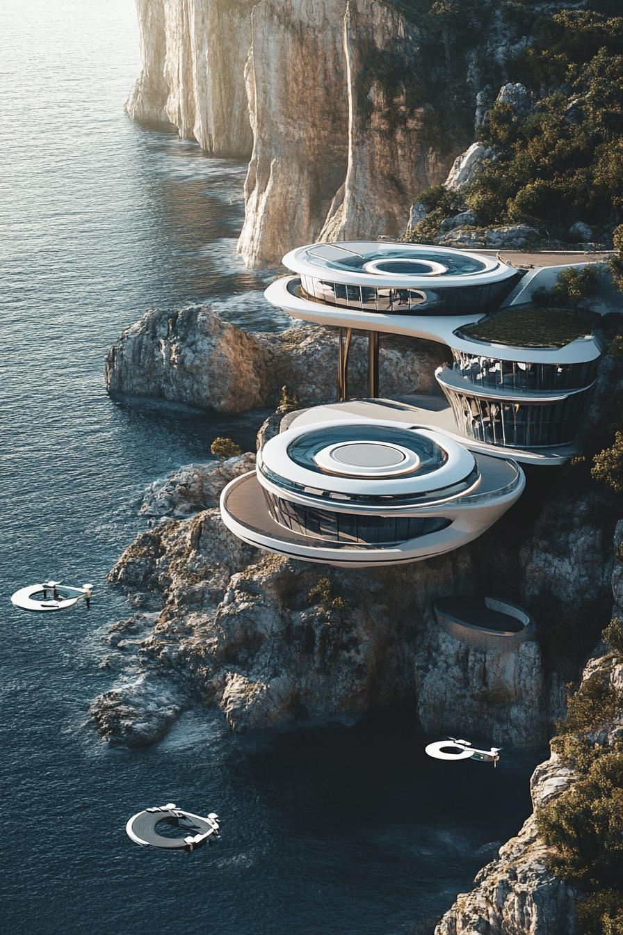 modern luxury futuristic giant mansion complex with drone docks view from near above