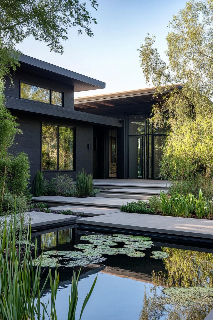 modern minimalist matte black low profile house facade with expansive roof overhangs front yart with zen pond and bamboo plants 1