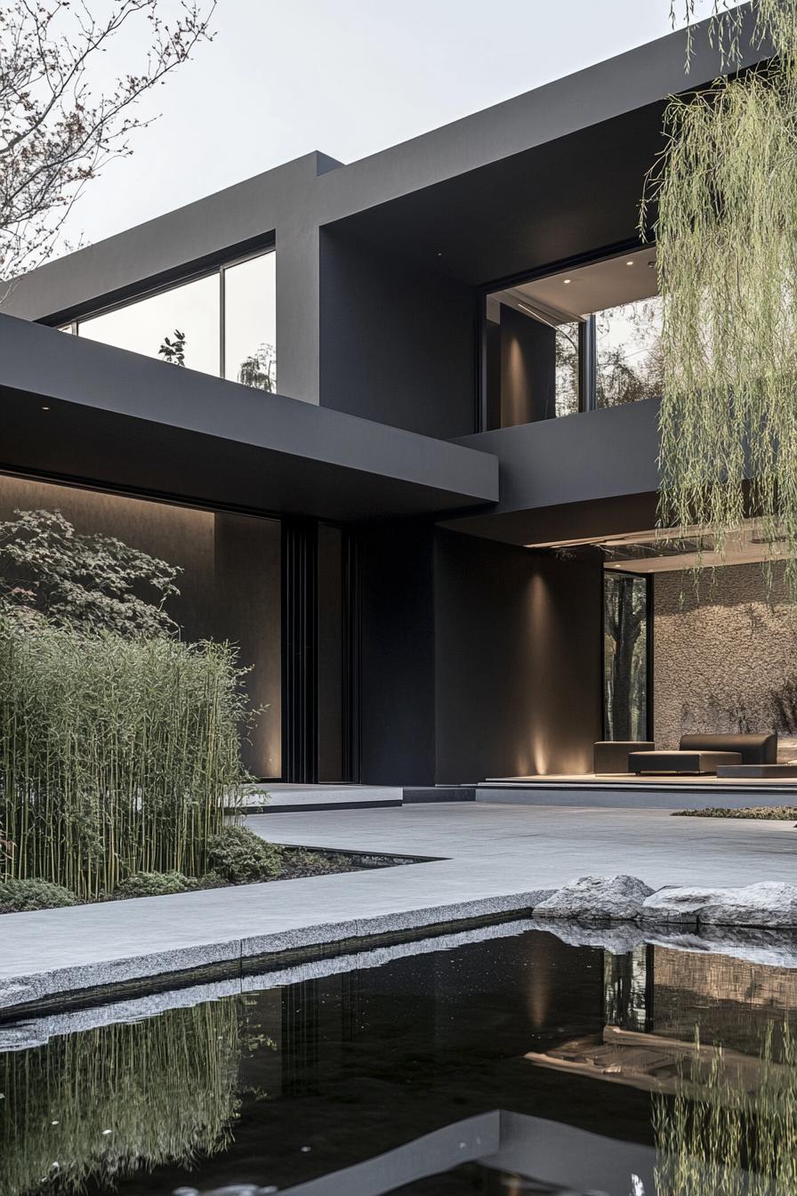 modern minimalist matte black low profile house facade with expansive roof overhangs front yart with zen pond and bamboo plants 2