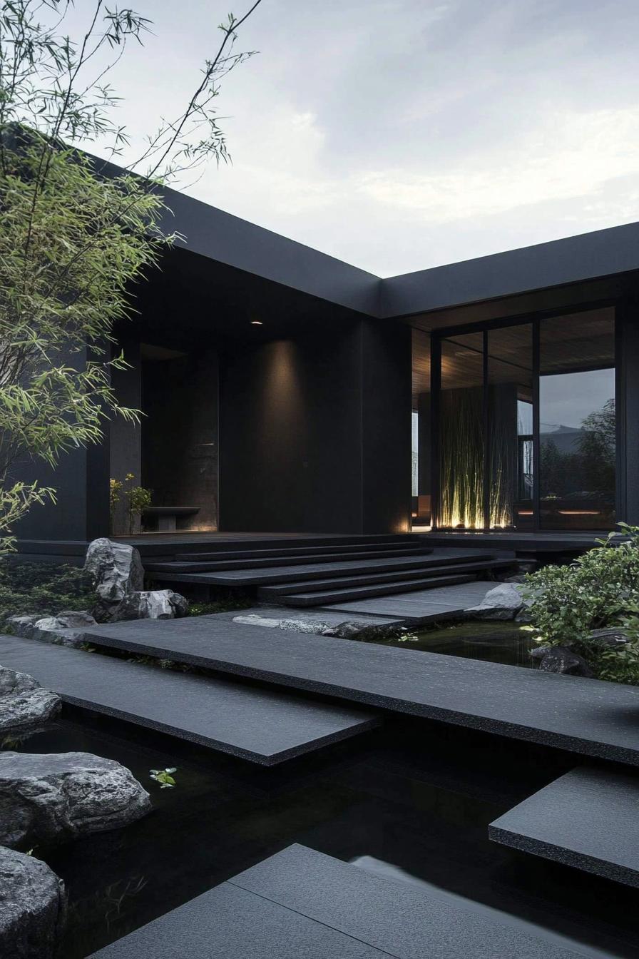 modern minimalist matte black low profile house facade with expansive roof overhangs front yart with zen pond and bamboo plants 3