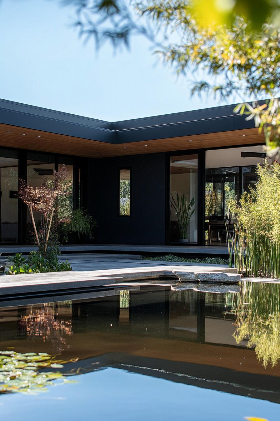 modern minimalist matte black low profile house facade with expansive roof overhangs front yart with zen pond and bamboo plants