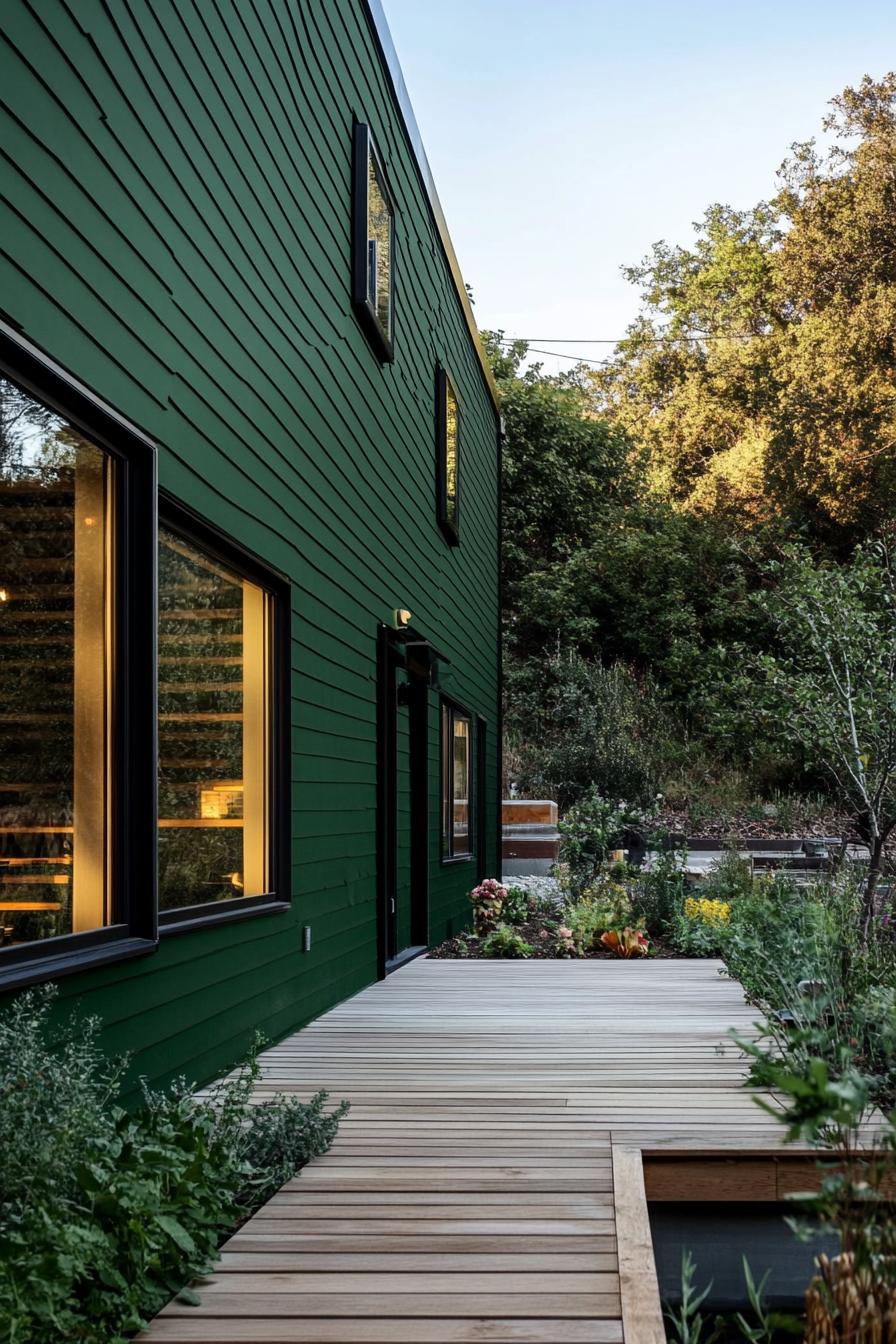 modern rainwater harvest house design with dark green cladding