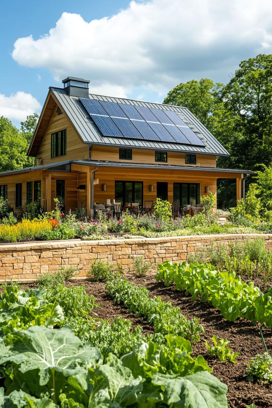 modern rural house with traditional roof and solar panels lush veggie garden in front 1