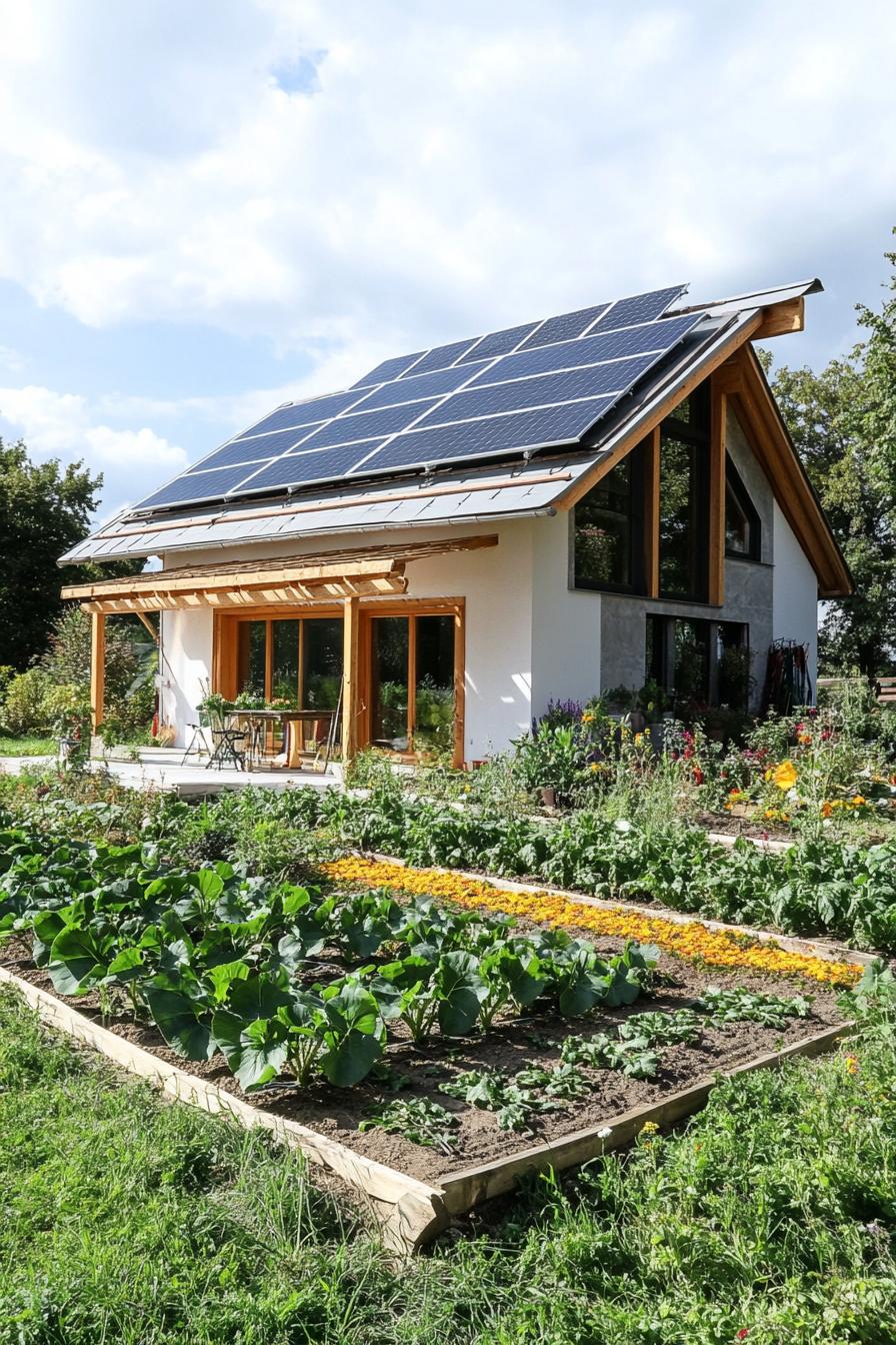 modern rural house with traditional roof and solar panels lush veggie garden in front 2