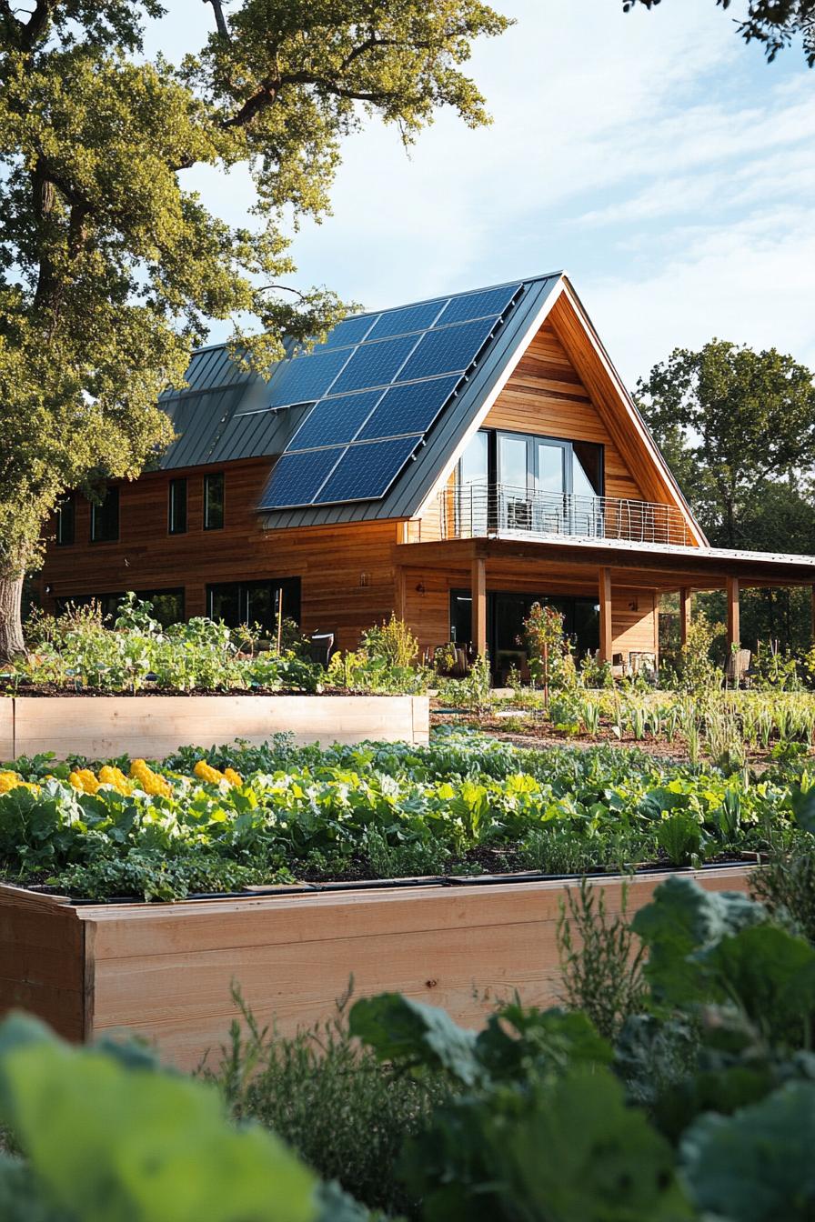 modern rural house with traditional roof and solar panels lush veggie garden in front 3