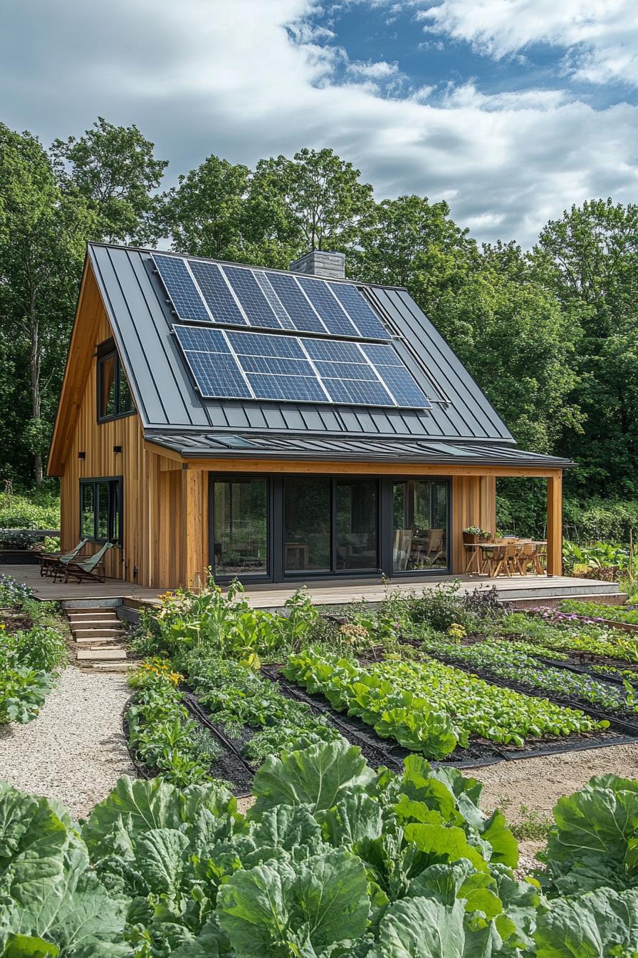 modern rural house with traditional roof and solar panels lush veggie garden in front