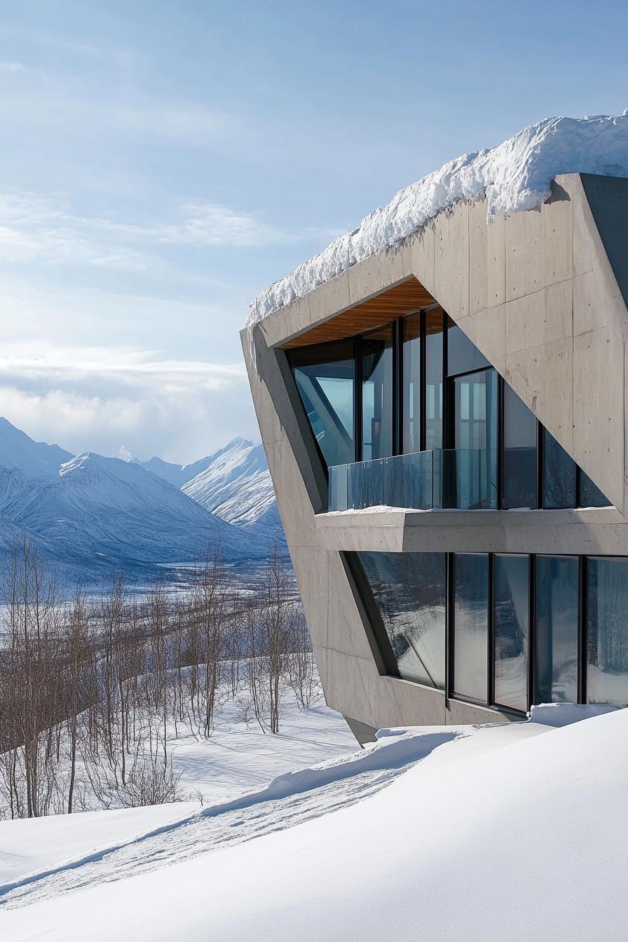 modern steel and concrete mountain house with geometric facade and snow roof in breath taking Alaskan mountains 1