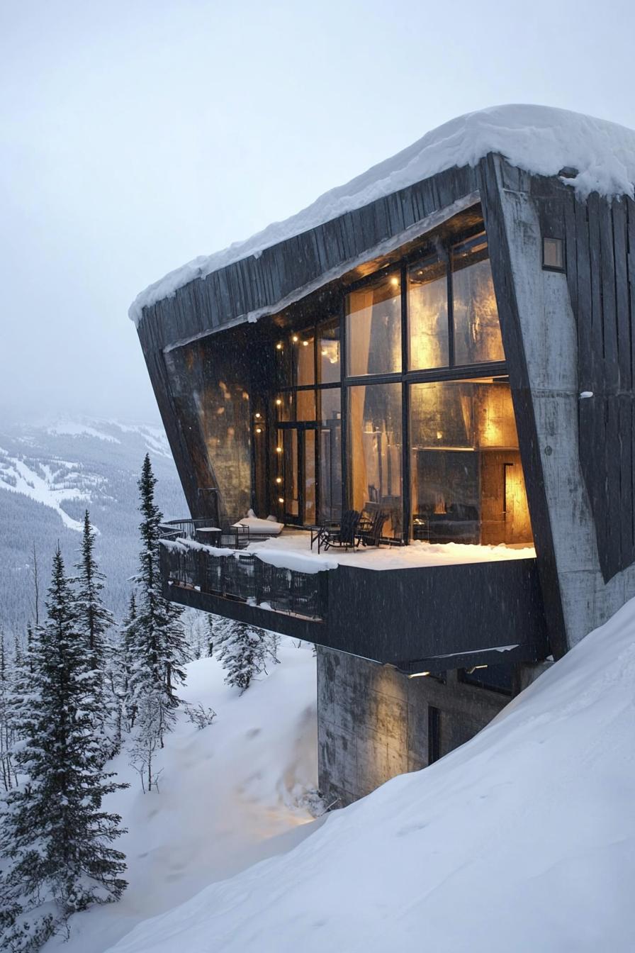 modern steel and concrete mountain house with geometric facade and snow roof in breath taking Alaskan mountains 2