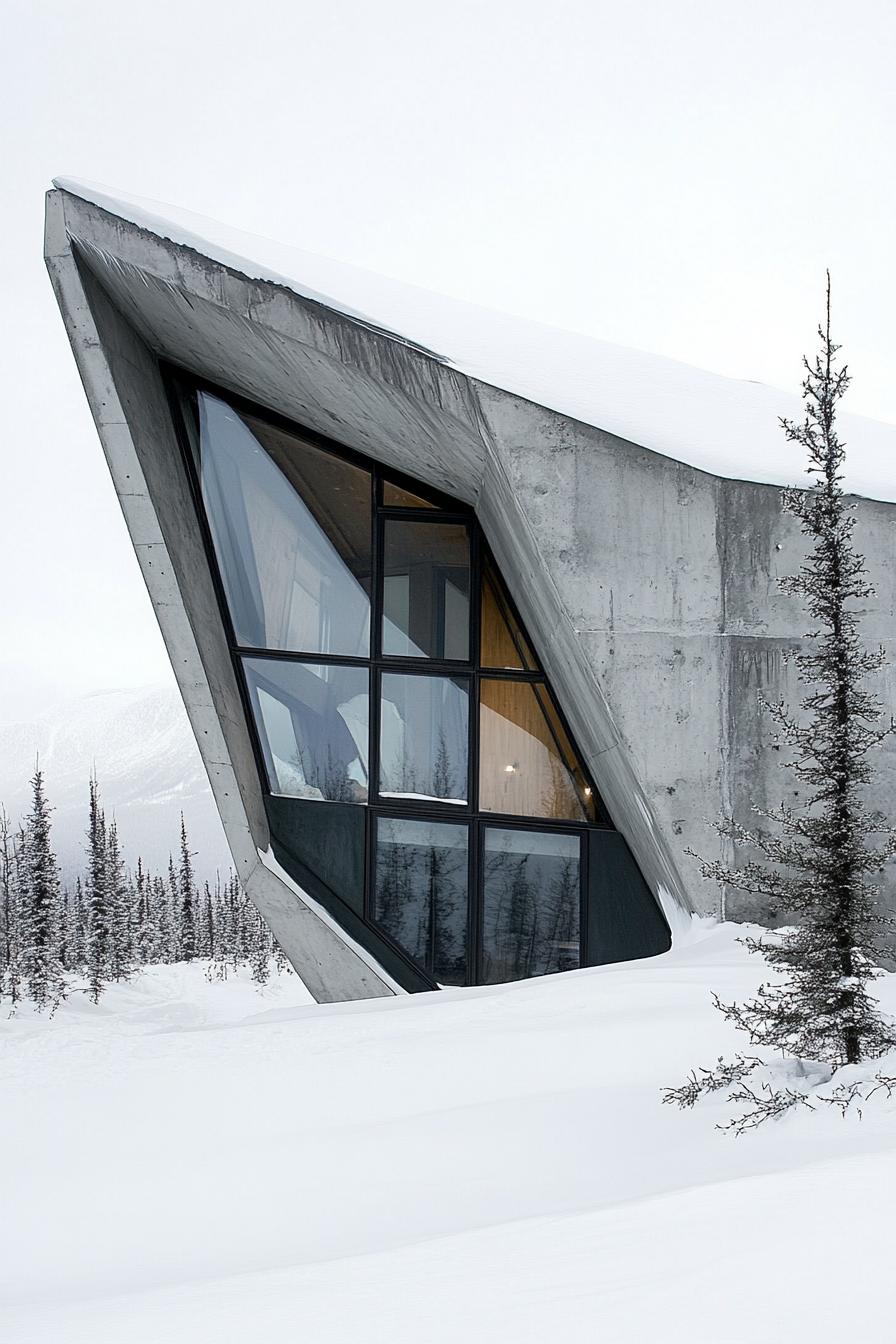 modern steel and concrete mountain house with geometric facade and snow roof in breath taking Alaskan mountains 3