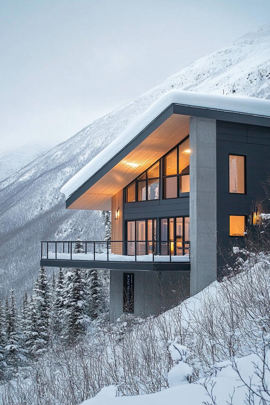 modern steel and concrete mountain house with geometric facade and snow roof in breath taking Alaskan mountains