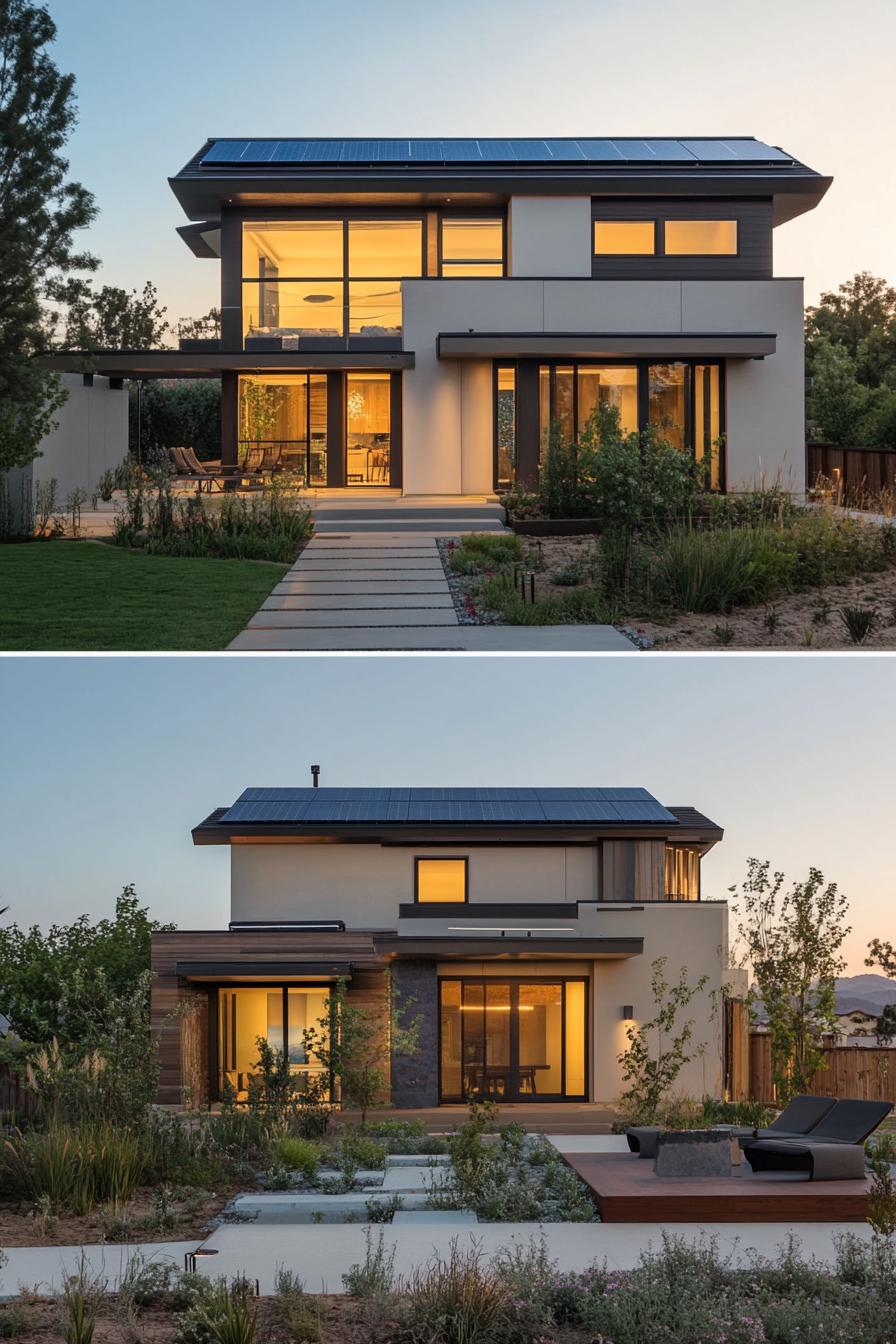 modern suburban mansion with rooftop solar panels