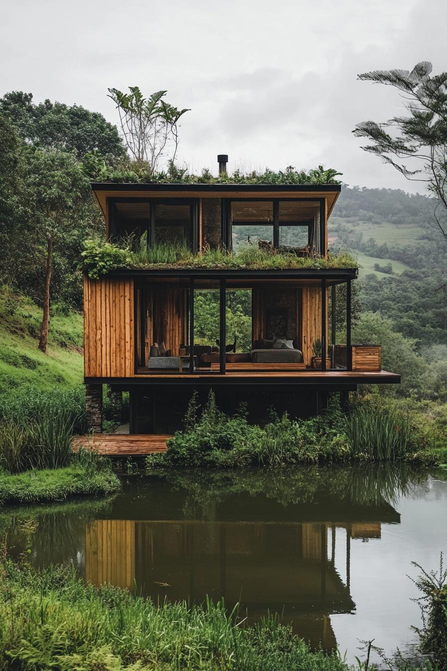 modern timber cabin with rooftop garden by a pond in a pristine green valley 1