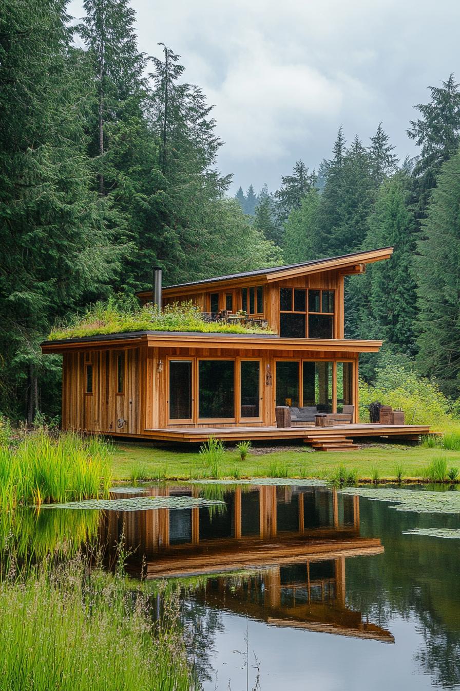 modern timber cabin with rooftop garden by a pond in a pristine green valley 2