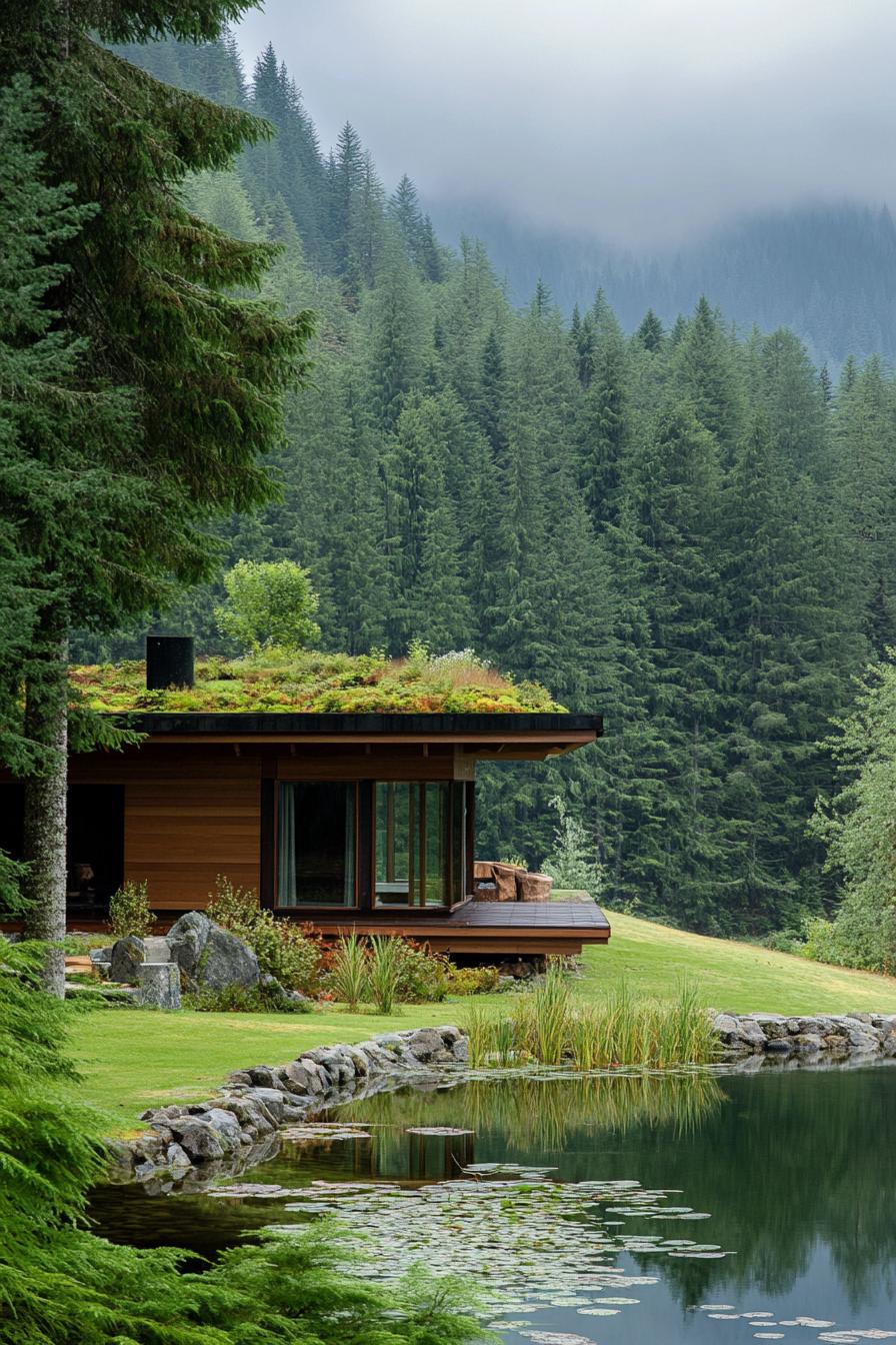 modern timber cabin with rooftop garden by a pond in a pristine green valley 3