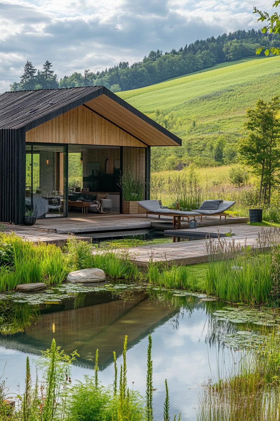 modern timber cabin with rooftop garden by a pond in a pristine green valley