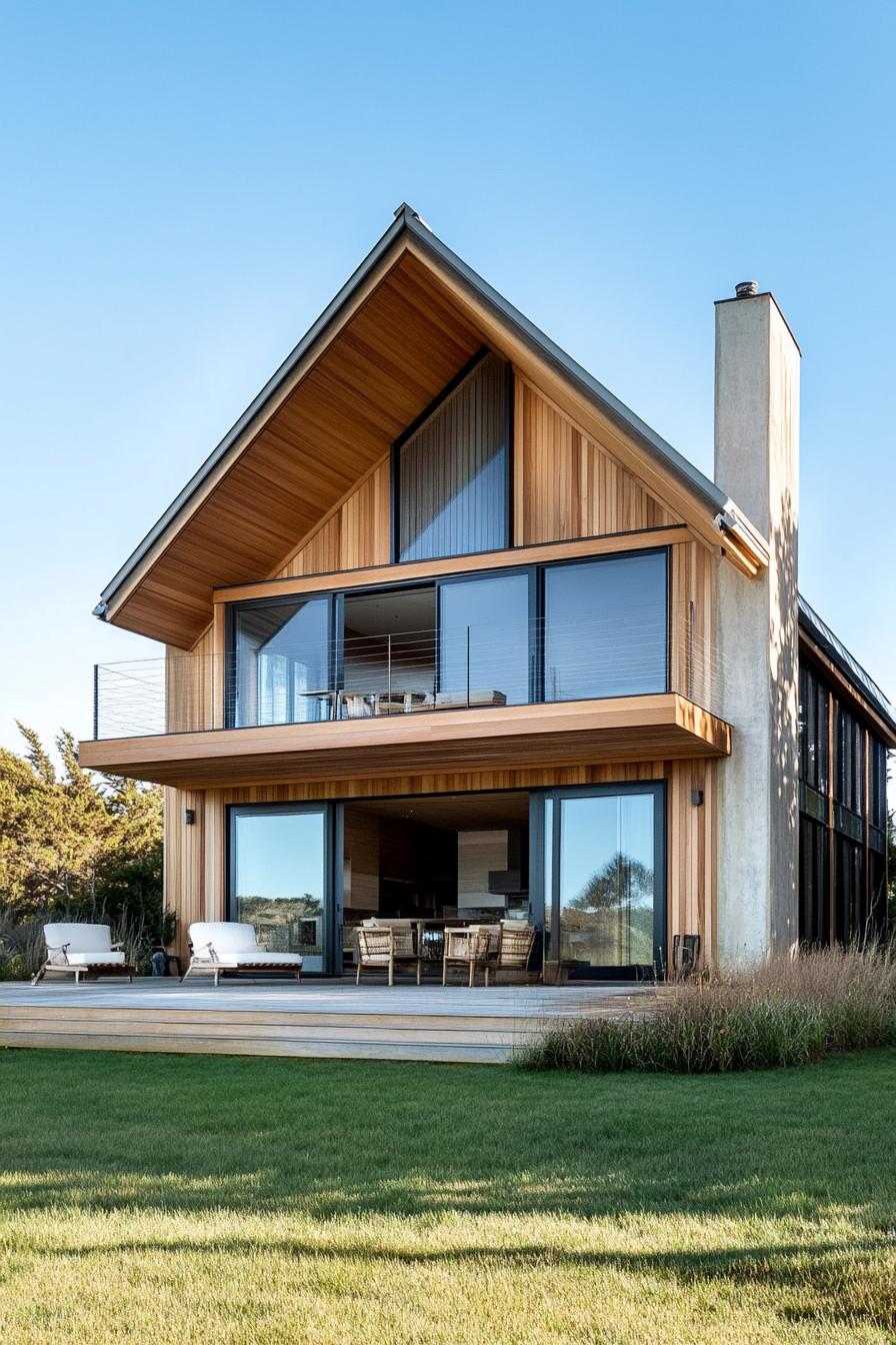 modern timber house geometric facade with zinc roof cantilevered second floor 1