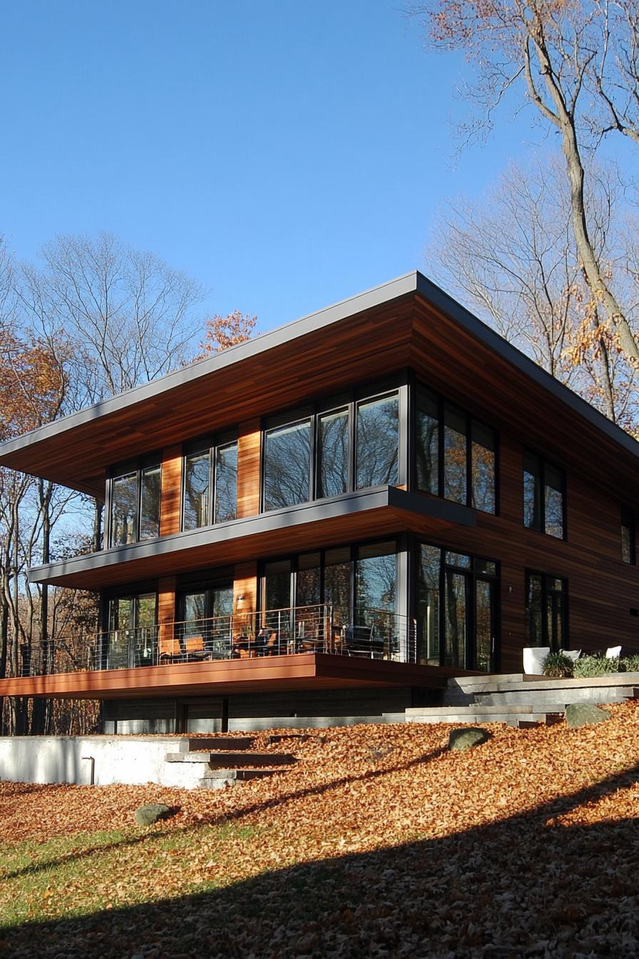 modern timber house geometric facade with zinc roof cantilevered second floor 2