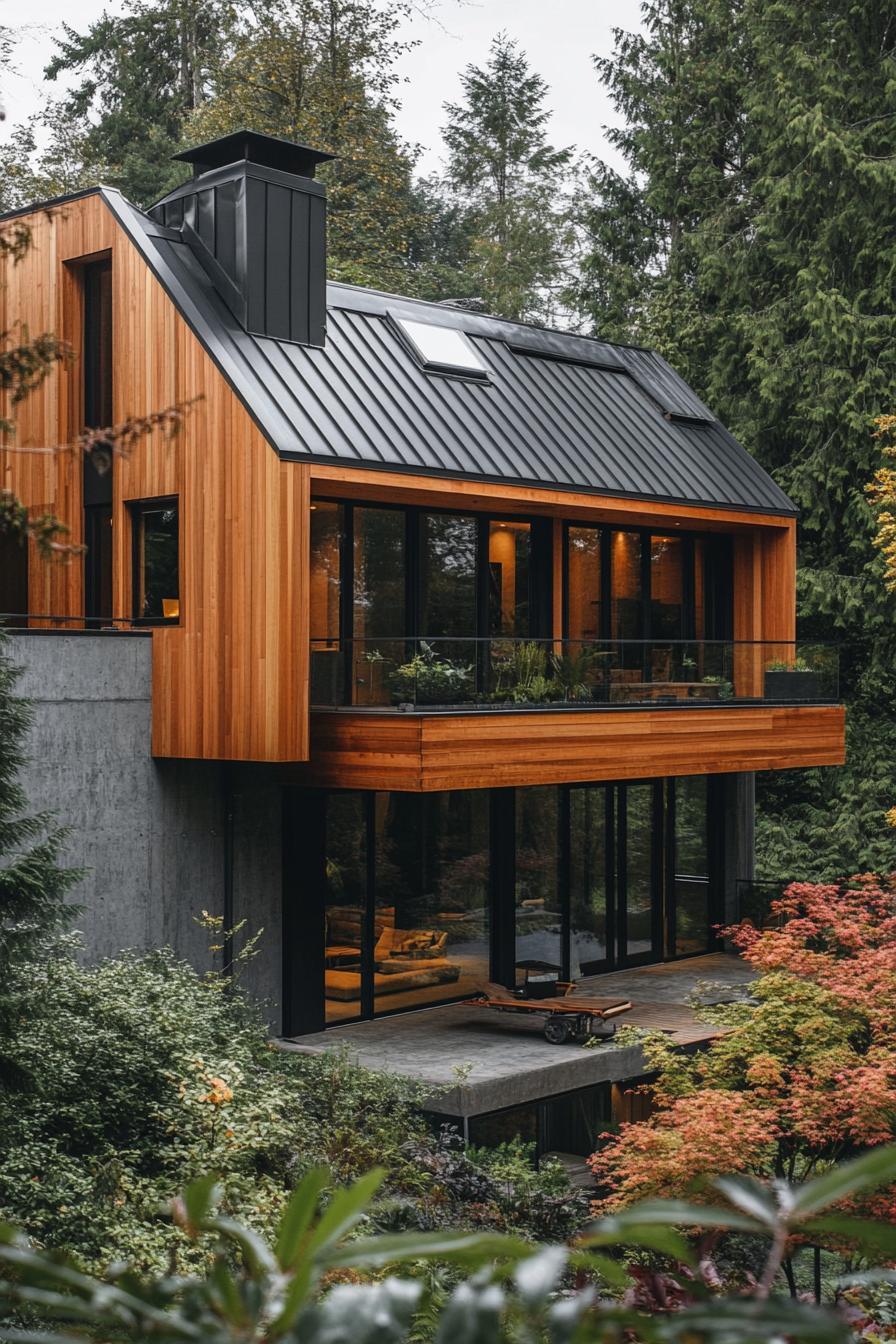 modern timber house geometric facade with zinc roof cantilevered second floor 3