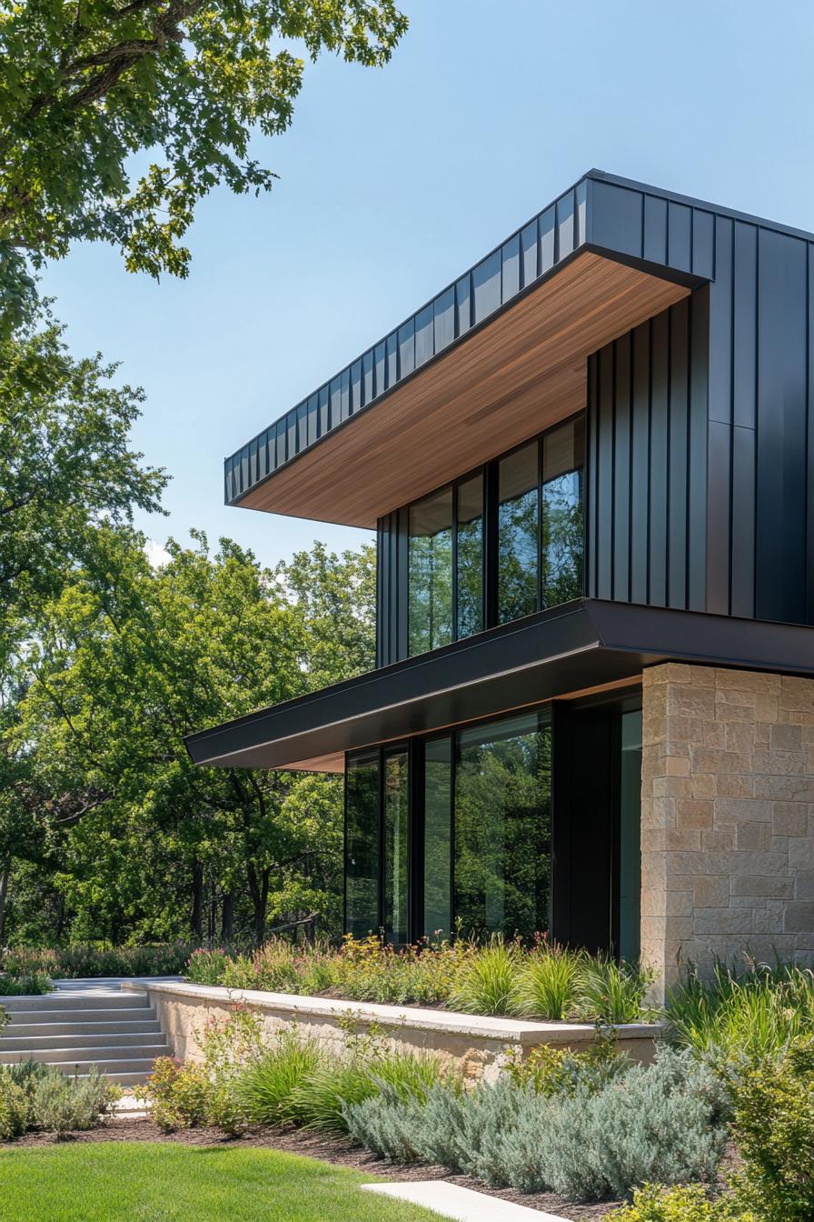 modern timber house geometric facade with zinc roof cantilevered second floor