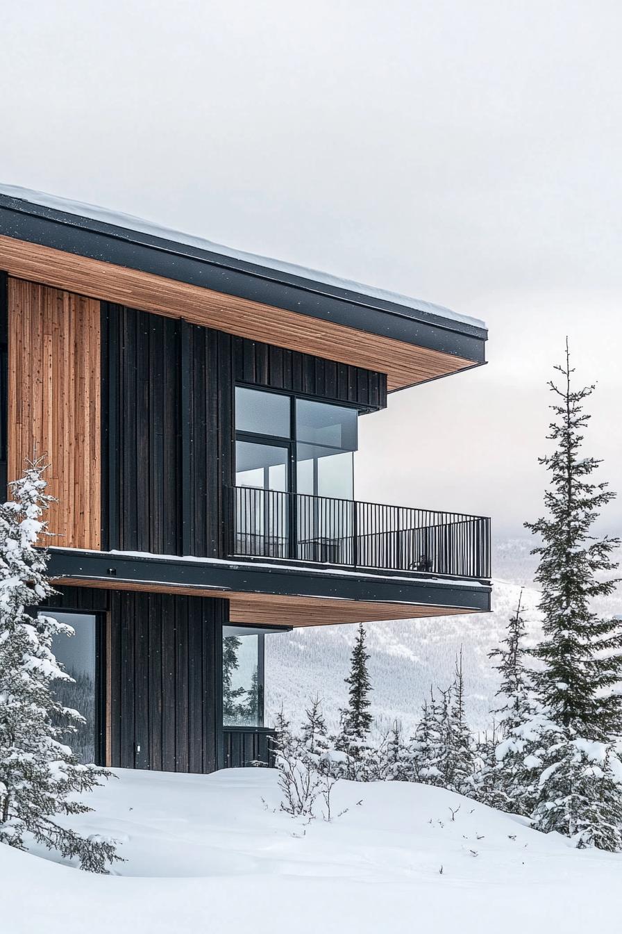 modern two story mountain house with black cedar wood facade in stunning snowy arctic mountain landscape 1