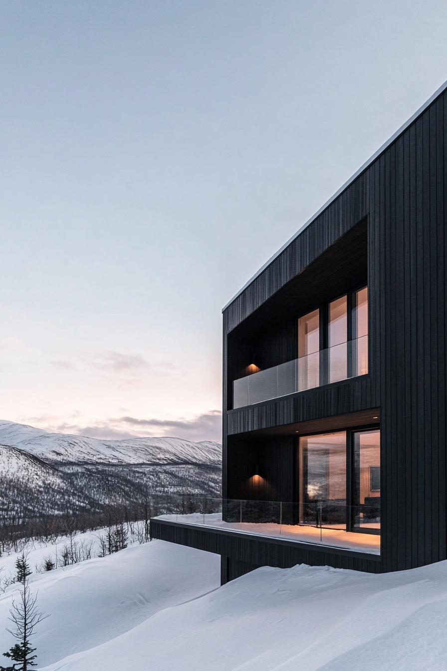 modern two story mountain house with black cedar wood facade in stunning snowy arctic mountain landscape 2