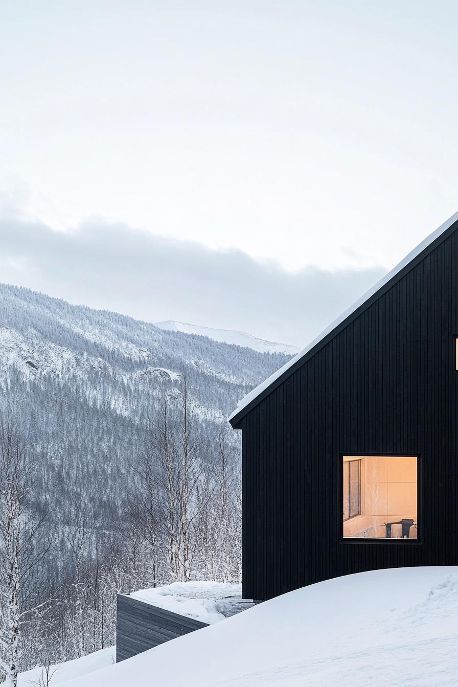 modern two story mountain house with black cedar wood facade in stunning snowy arctic mountain landscape 3