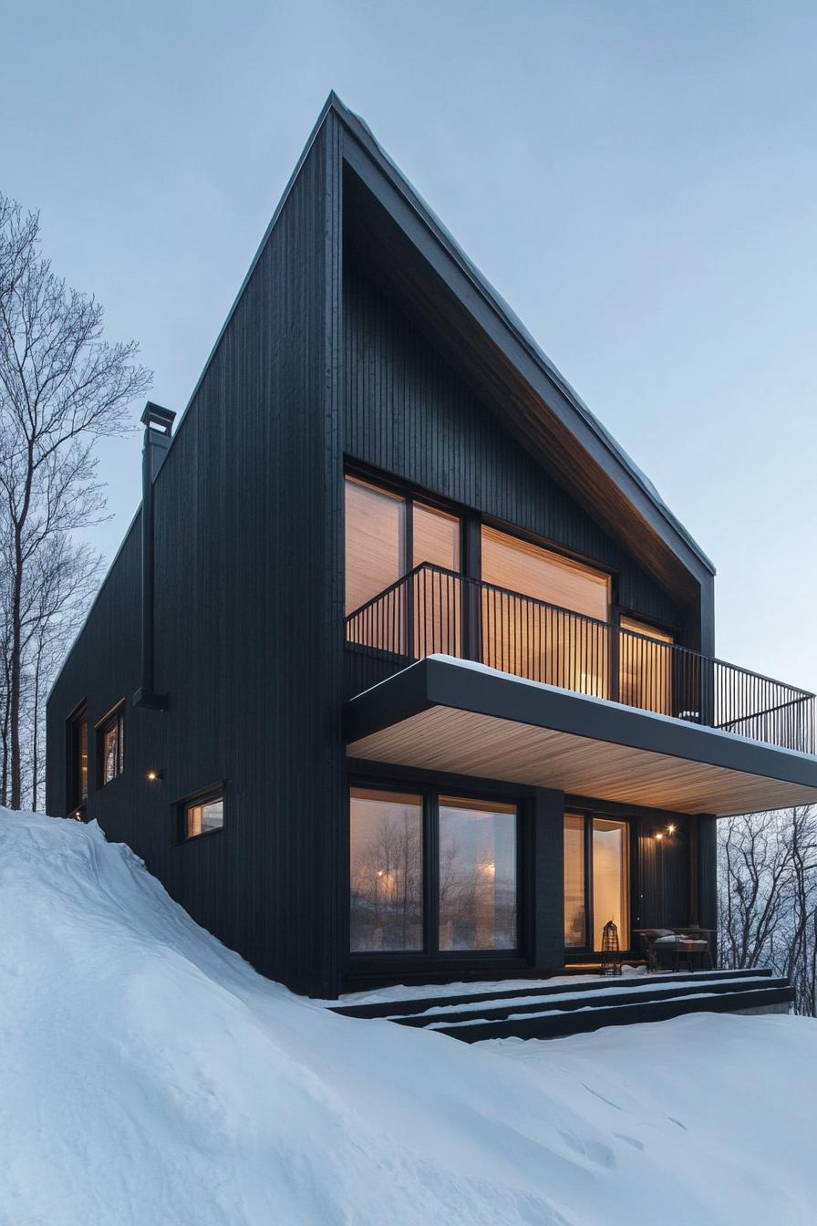 modern two story mountain house with black cedar wood facade in stunning snowy arctic mountain landscape