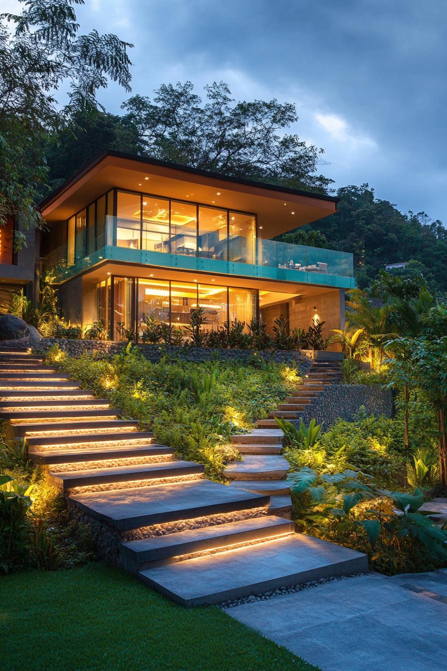 modern villa exterior front yard with glass staircase hillside tropical landscape 1