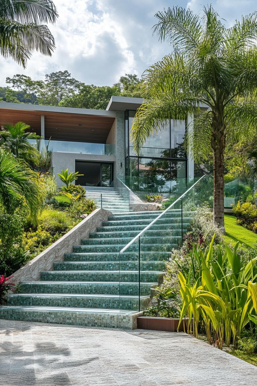 modern villa exterior front yard with glass staircase hillside tropical landscape 2