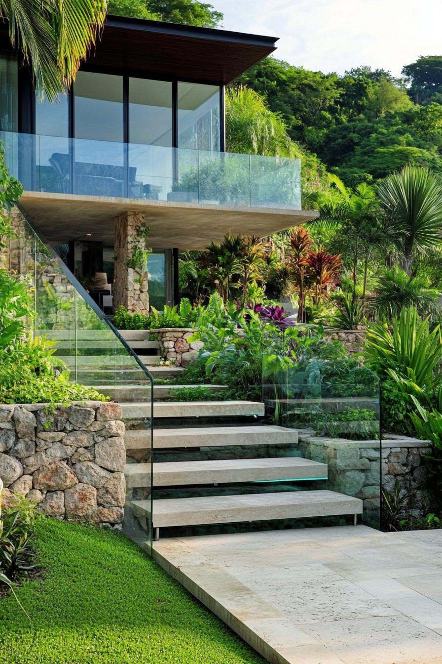 modern villa exterior front yard with glass staircase hillside tropical landscape 3