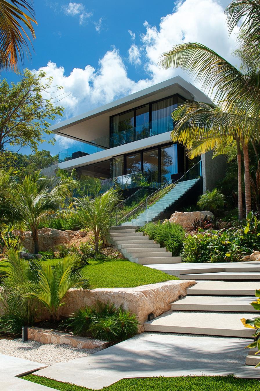 modern villa exterior front yard with glass staircase hillside tropical landscape