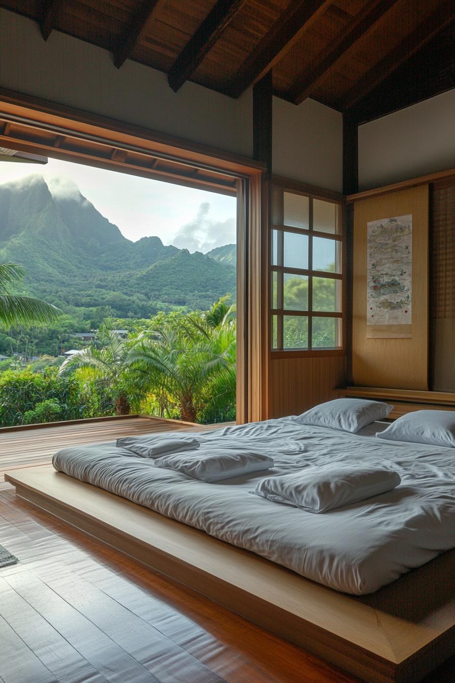 modern zen style bedroom with low profile bed large window overlooking tropical mountains 1